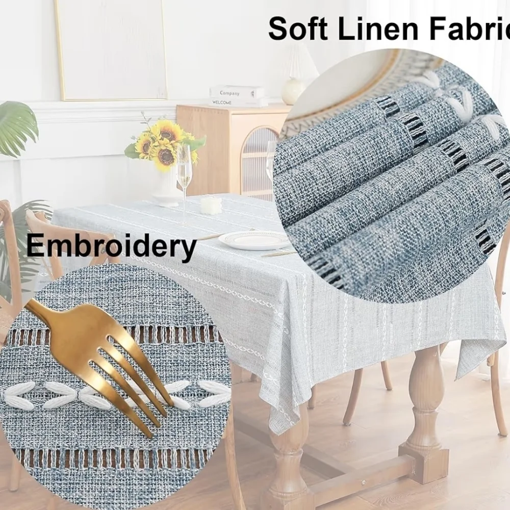 Boho Striped Linen Chic Blue Ovak Tablecloth for Dining Table Size 53x70